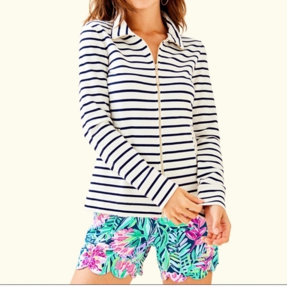 Lilly Pulitzer UPF 50+ Bennett Zip Up Jacket blue white stripe Sz XS
